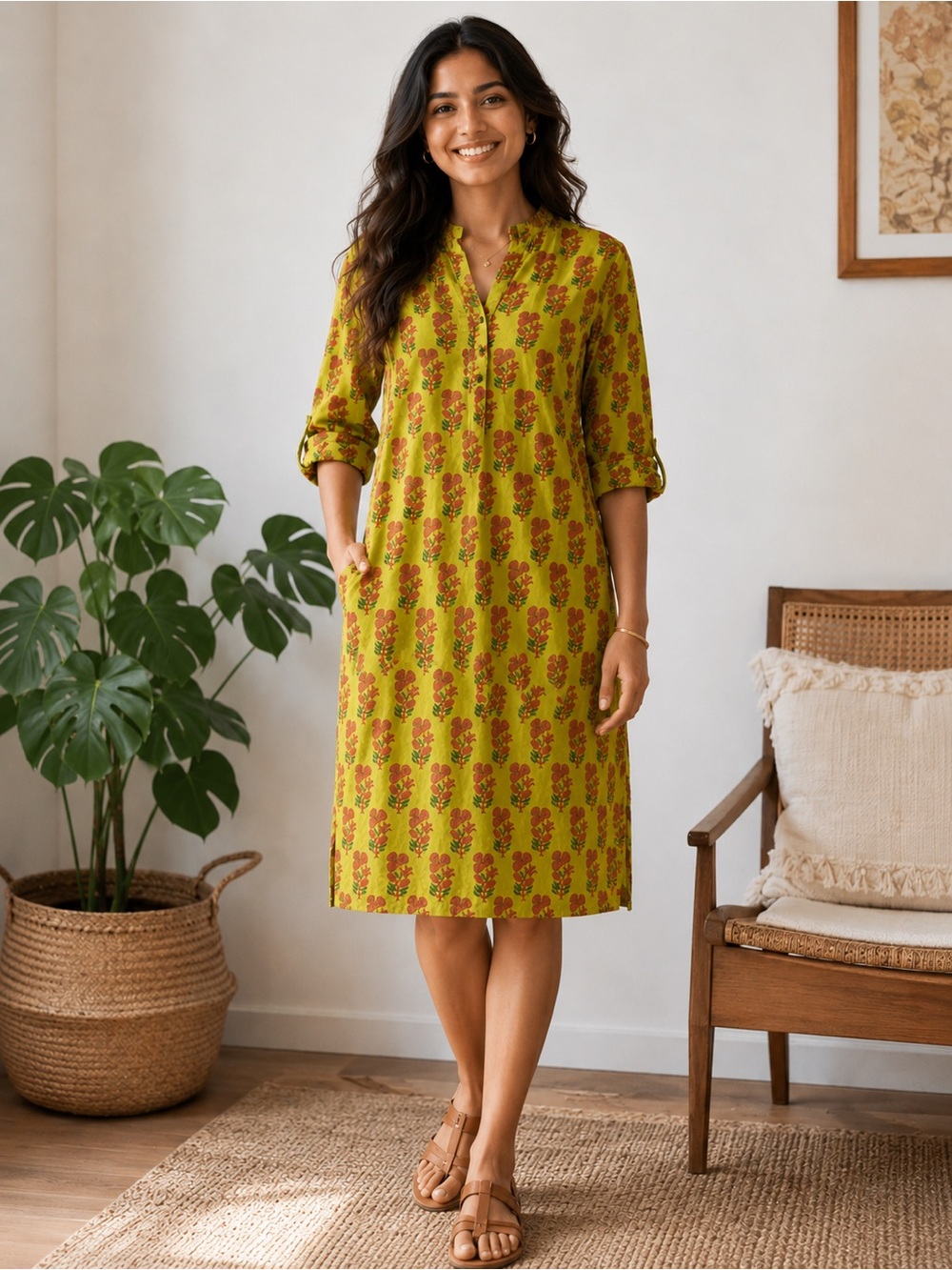 UTSA 100% cotton Green Floral Printed Kurta Tunic dress size small